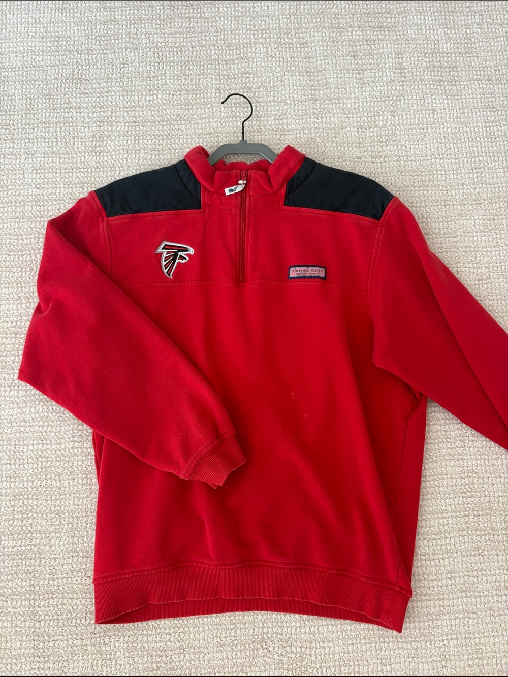 Atlanta Falcons Vineyard Vines Red Fleece Pullover with Black Shoulder Panels